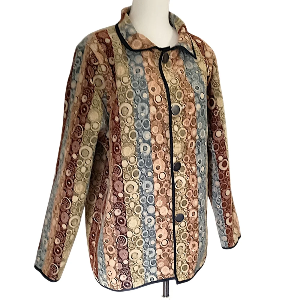 I Reversibles Tapestry Chore Jacket Sz‎ L Boho Damask Utility Boxy Career Button